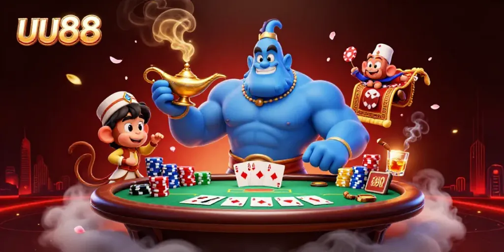 Experience the magic of uu88 with a dynamic 3D illustration featuring a blue genie, poker elements, and enchanting casino ambiance.