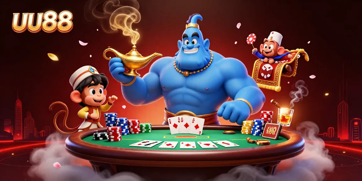 Experience the magic of uu88 with a dynamic 3D illustration featuring a blue genie, poker elements, and enchanting casino ambiance.