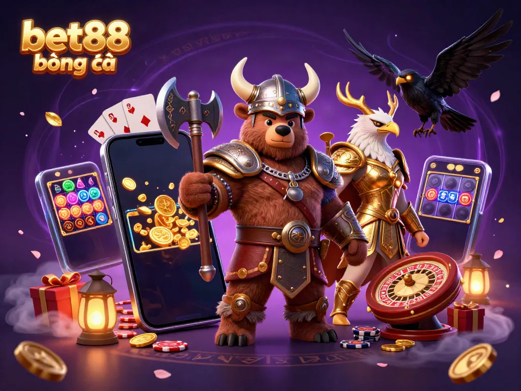 Experience the excitement at bet88 bóng đá with a dynamic 3D illustration featuring a Viking bear and Valkyrie eagle amidst gaming elements.