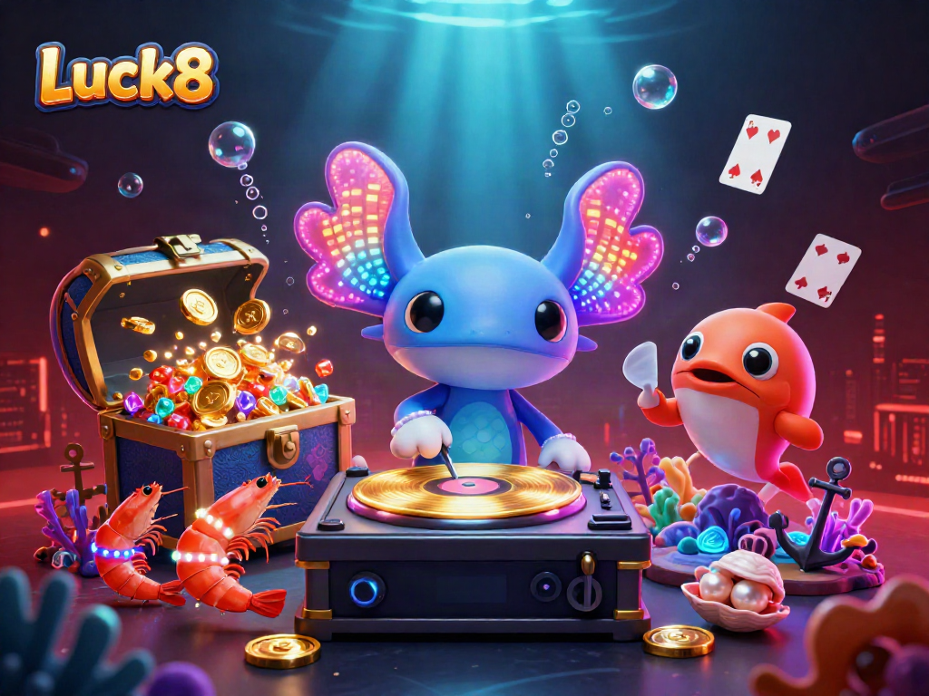 Experience the vibrant underwater scene of Luck8 with animated characters surrounded by treasure and excitement.
