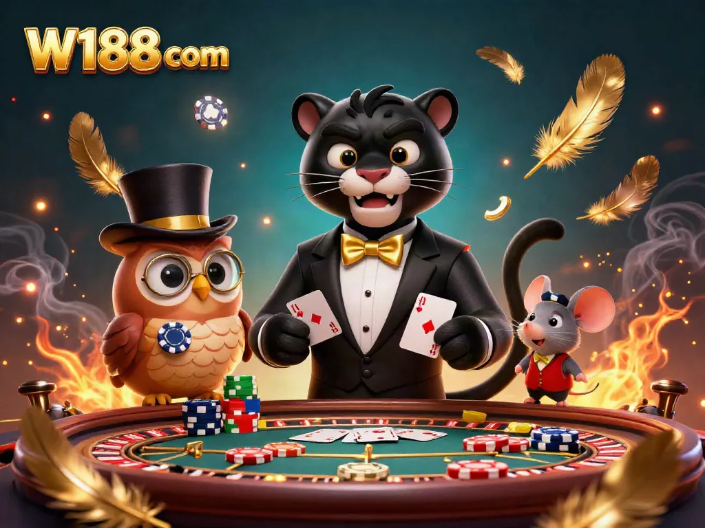 Experience thrilling action with W188 com featuring a stylish panther dealer, charming owl, and lucky mouse in a vibrant live casino setting.