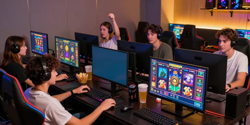 Exciting scene of friends enjoying slot gacor hari ini in a modern gaming lounge.