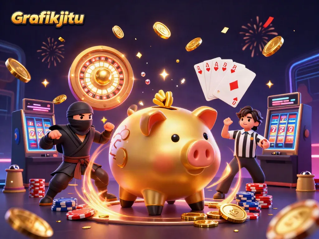 Grafikjitu's exciting 3D scene features a golden piggy bank sumo wrestler surrounded by winning elements and dynamic action.