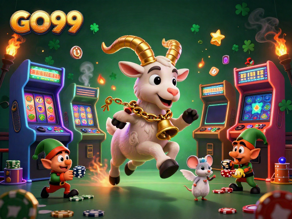 Experience the excitement of GO99 in a festive-horror casino scene with thrilling game machines and playful characters.