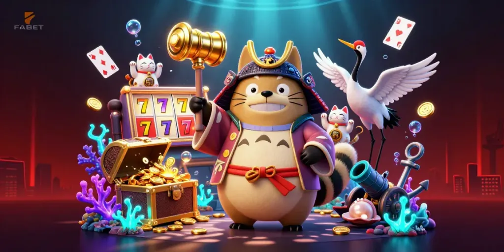 Join FABET's thrilling slots action with cheerful raccoon and samurai crane, underwater treasures, and vibrant design.