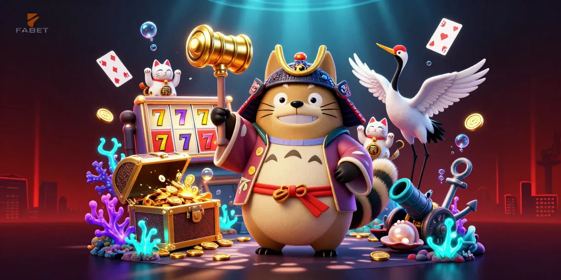 Join FABET's thrilling slots action with cheerful raccoon and samurai crane, underwater treasures, and vibrant design.