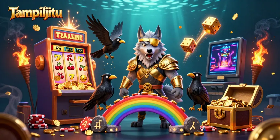 Tampiljitu showcases a dynamic 3D scene with a Norse wolf and ravens amidst vibrant casino elements and golden treasures.