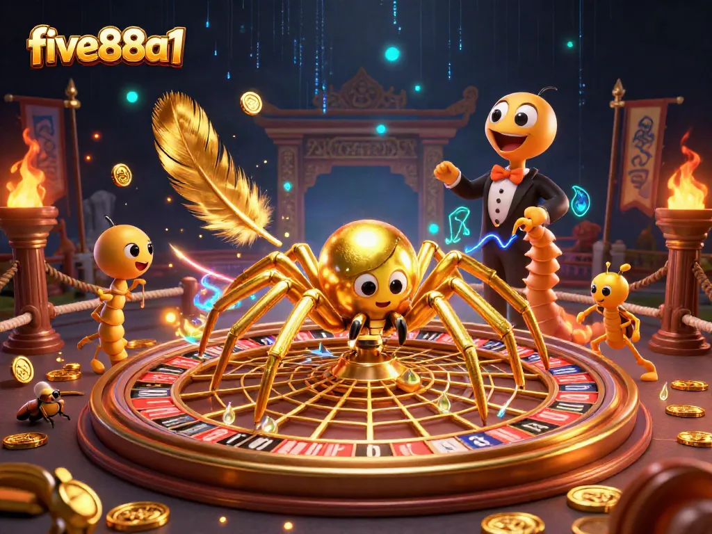 Engage with the vibrant five88a1 world, where a nervous fly bets at a roulette web while croupiers spin in action.