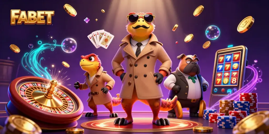 FABET brings laughter with cartoon raptors trying to sneak into a casino lounge, amid flying coins and vibrant game elements.