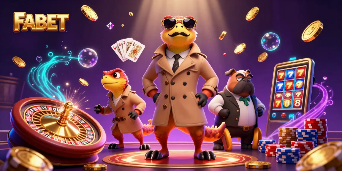 FABET brings laughter with cartoon raptors trying to sneak into a casino lounge, amid flying coins and vibrant game elements.