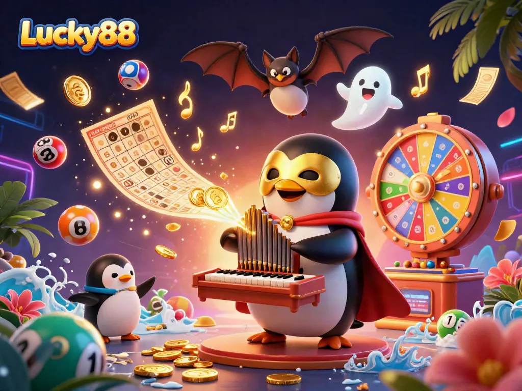 Experience the vibrant excitement of Lucky88 as a cartoon penguin plays a golden-organ amidst colorful elements and music notes.