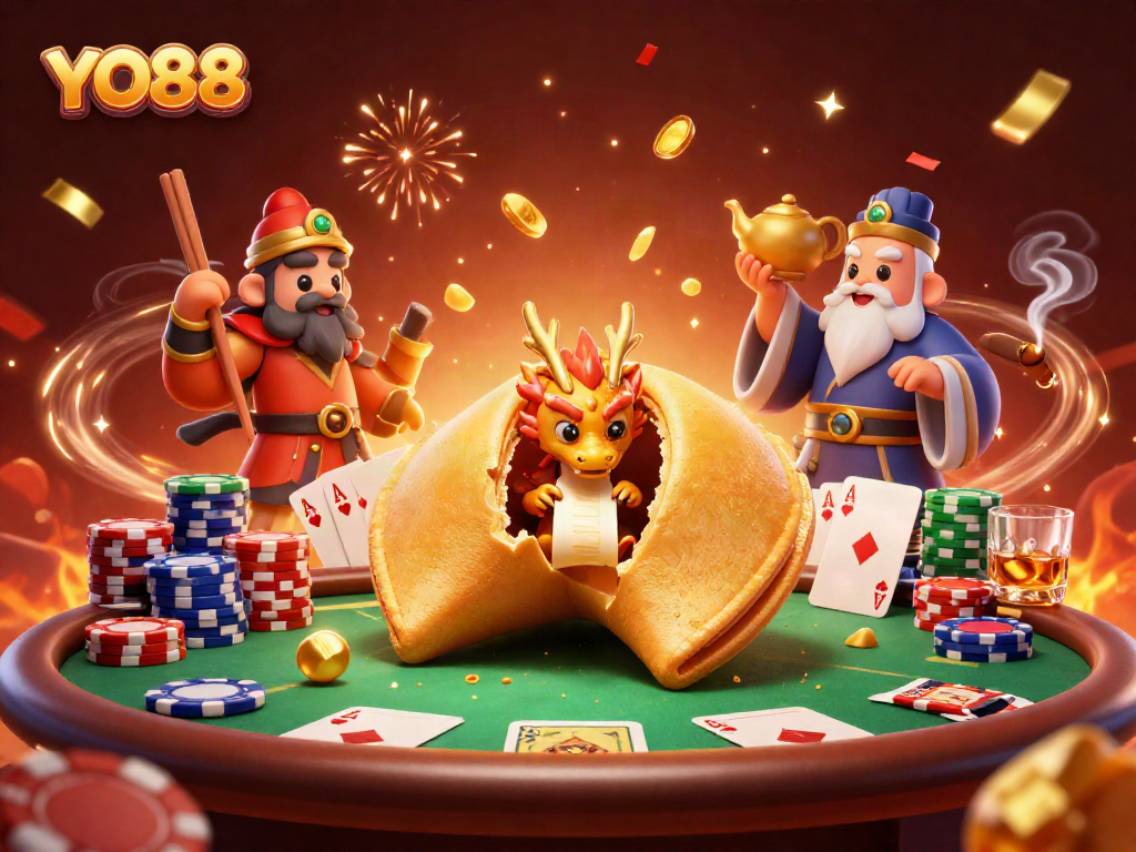 Experience thrilling gameplay with YO88, a dynamic casino illustration featuring poker elements and exciting characters.
