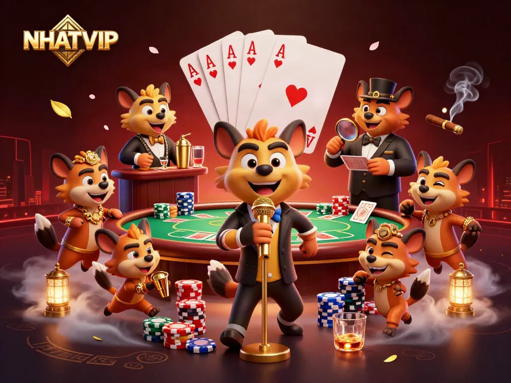 Watch NHATVIP hyenas showcase their casino talents in a lively atmosphere filled with poker elements.