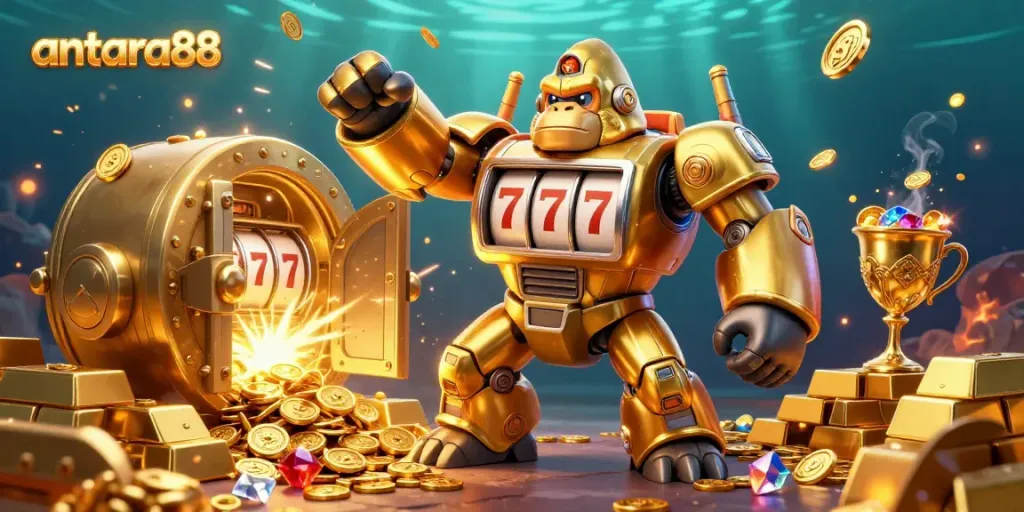 Experience the thrill of winning at antara88 with a dynamic golden gorilla mech and treasure-filled scene.
