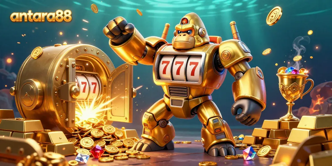 Experience the thrill of winning at antara88 with a dynamic golden gorilla mech and treasure-filled scene.