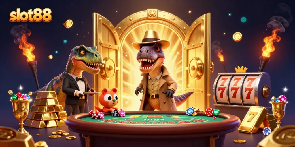 Slot88 menggambarkan velociraptor dan stegosaurus di kasino, menciptakan suasana permainan yang menarik.