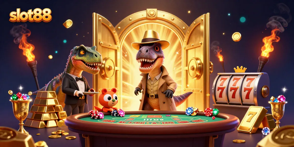 Slot88 menggambarkan velociraptor dan stegosaurus di kasino, menciptakan suasana permainan yang menarik.