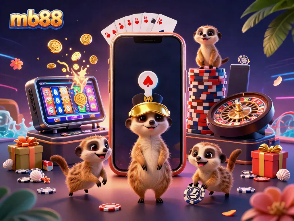 meerkats engaging in a lively casino scene at mb88, highlighting dynamic gaming elements and excitement