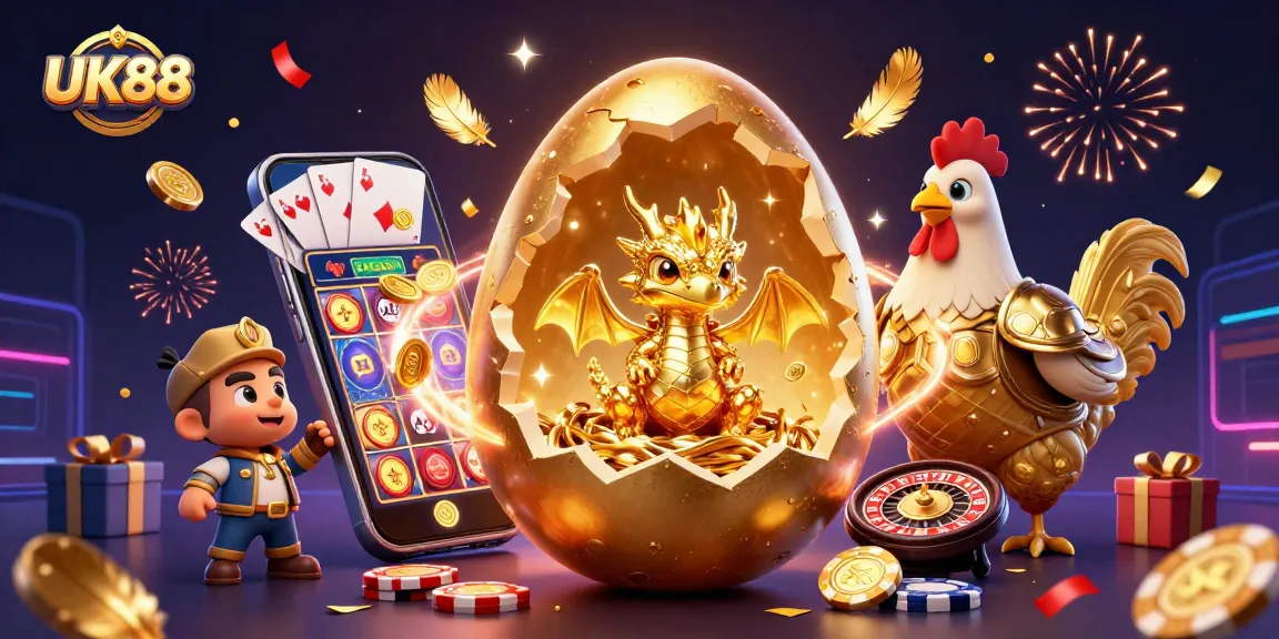 Spin and win with UK88's vibrant casino scene showcasing golden themed characters and gaming elements.