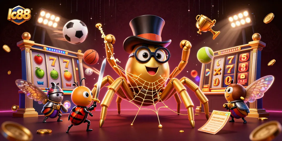 Experience fun gaming at lc88 with a 3D scene of a golden tarantula, beetle knight, and vibrant casino elements.