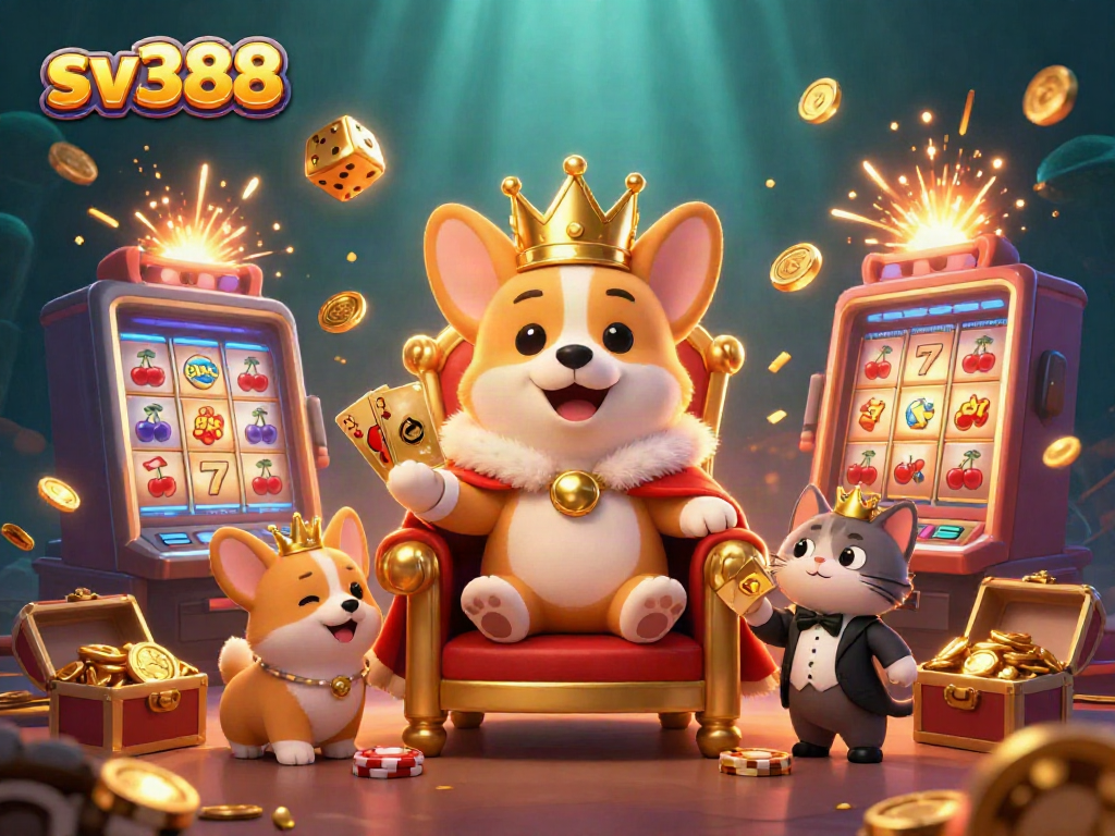 Engage with sv388's lively gambling scene featuring a crowned corgi surrounded by casino game elements.