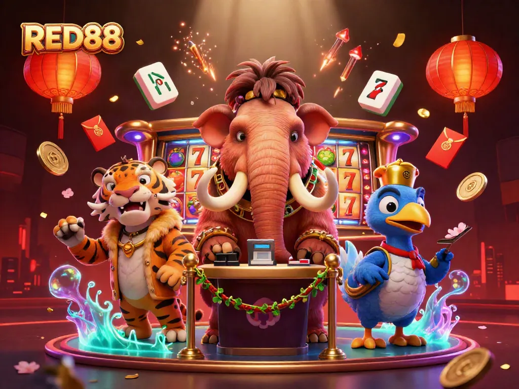 Experience the thrill of playing at RED88, where dynamic gaming elements come alive in a vibrant casino scene.