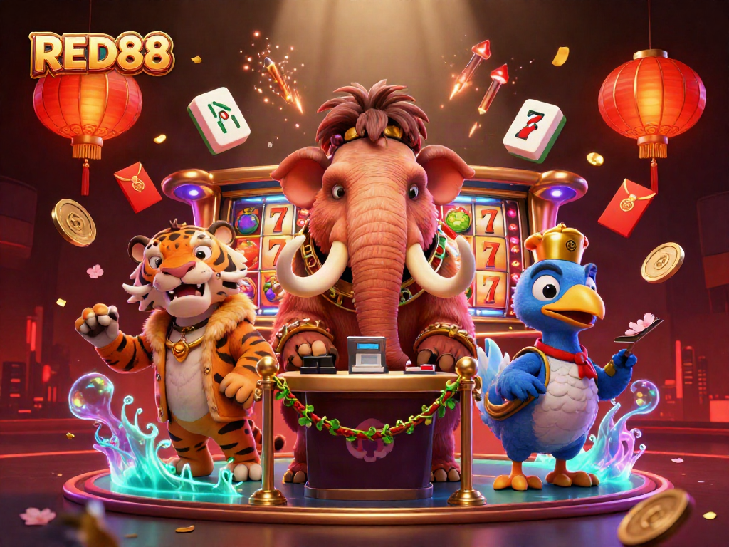Experience the thrill of playing at RED88, where dynamic gaming elements come alive in a vibrant casino scene.
