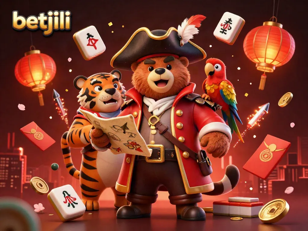 Betjili showcases a pirate-themed online casino scene with vibrant characters and festive game elements.