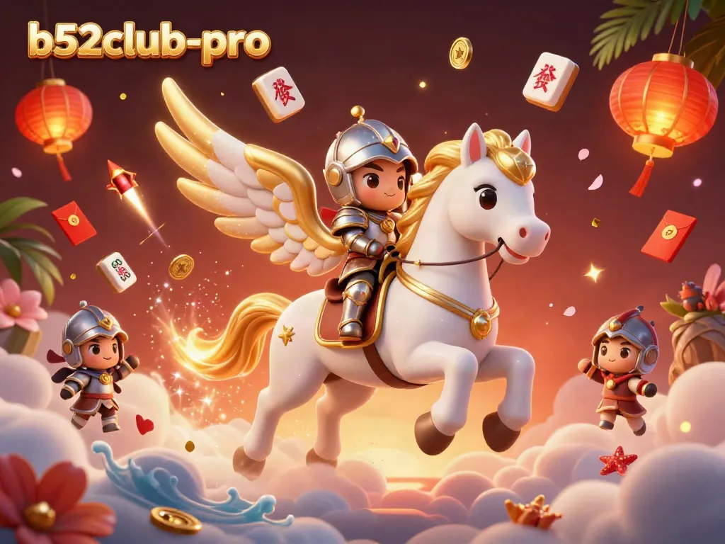 Engage in thrilling gameplay at b52club-pro with an enchanting illustration featuring a celestial horse and vibrant casino symbols.