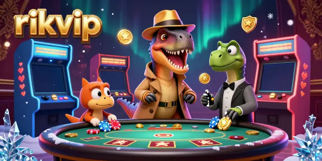 Experience thrilling casino gameplay with rikvip featuring a velociraptor card counter and stegosaurus pit boss.