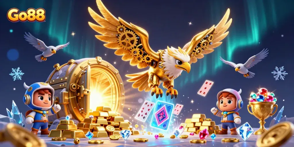 Go88 showcases the cybernetic golden eagle in a dazzling gambling-themed scene filled with gems and treasures.