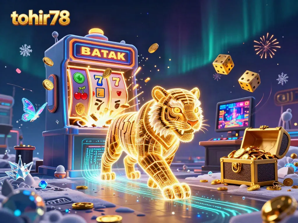 Engage with the thrilling world of tohir78, featuring vibrant slot machines, golden tiger, and holographic elements.