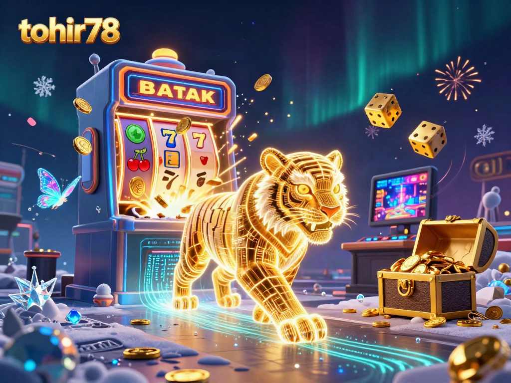Engage with the thrilling world of tohir78, featuring vibrant slot machines, golden tiger, and holographic elements.