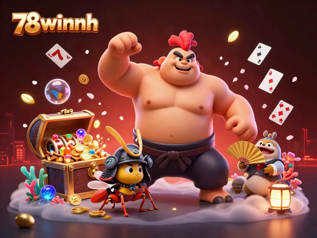 Experience the thrill of 78winnh with a sumo wrestler rooster, samurai cricket, and vibrant casino elements.