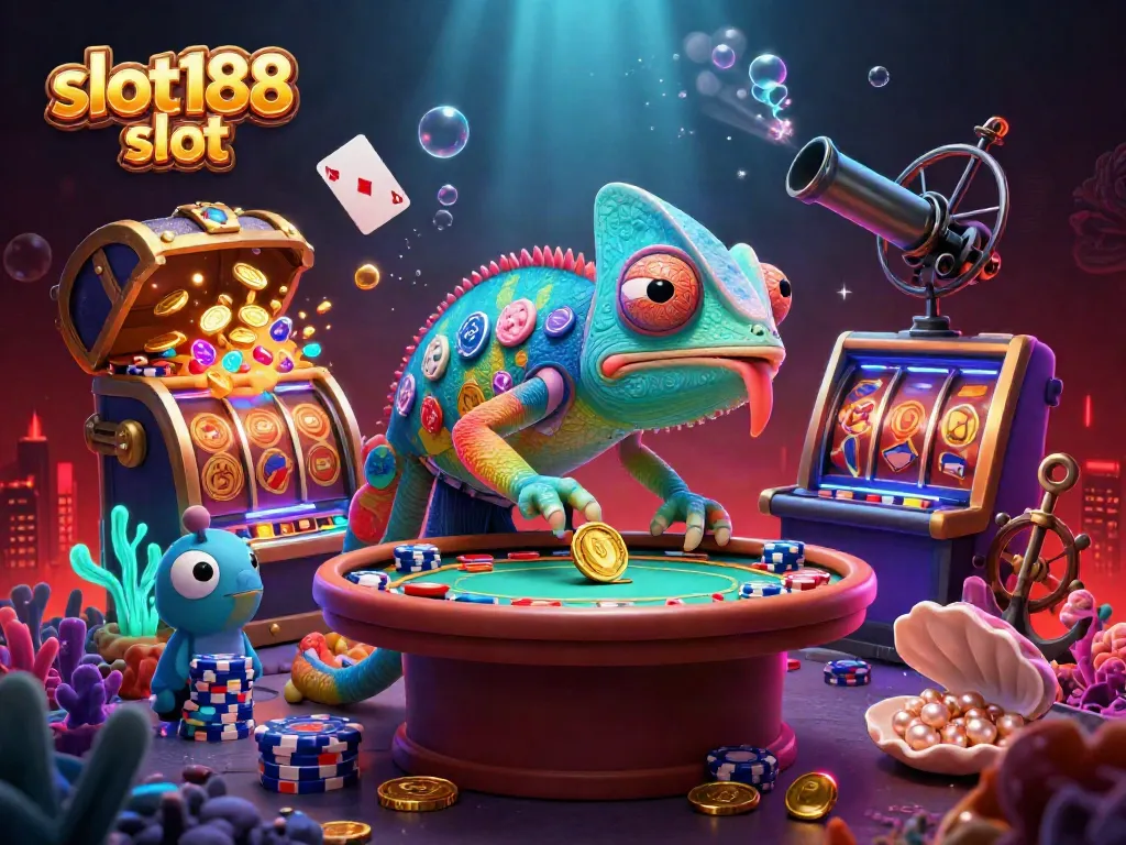 Slot188 slot - Aksi menarik judi dengan chameleon pemilik kasino, tumpukan koin emas, dan gulungan slot yang berputar