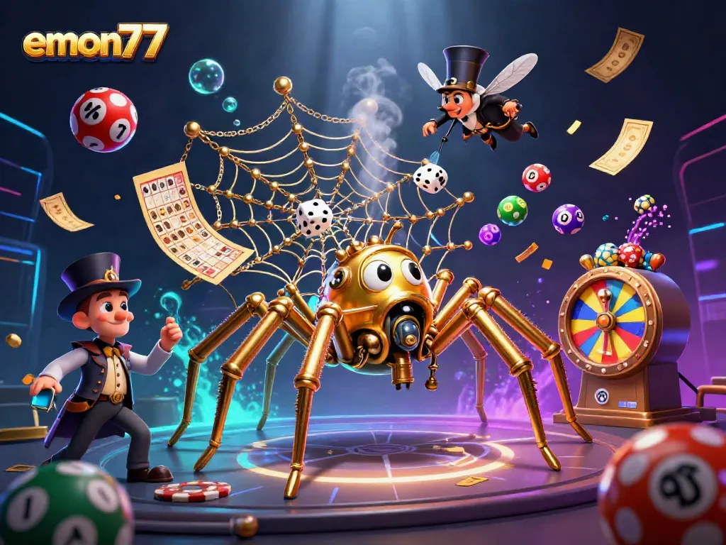 Engage with emon77's vibrant gaming web, featuring dynamic lottery balls and a playful spider character.