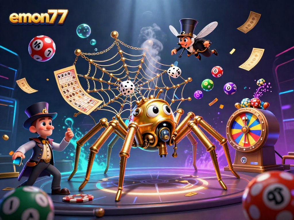 Engage with emon77's vibrant gaming web, featuring dynamic lottery balls and a playful spider character.