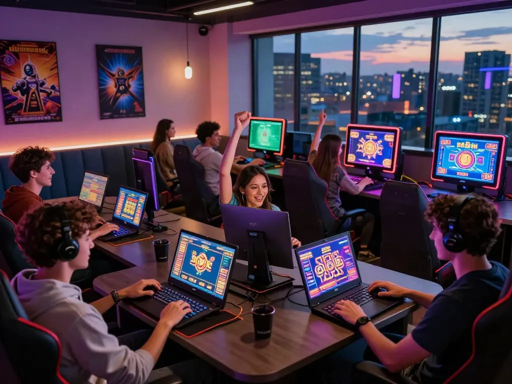 Players enjoying their time at kayu77 online slots in a lively gaming lounge.