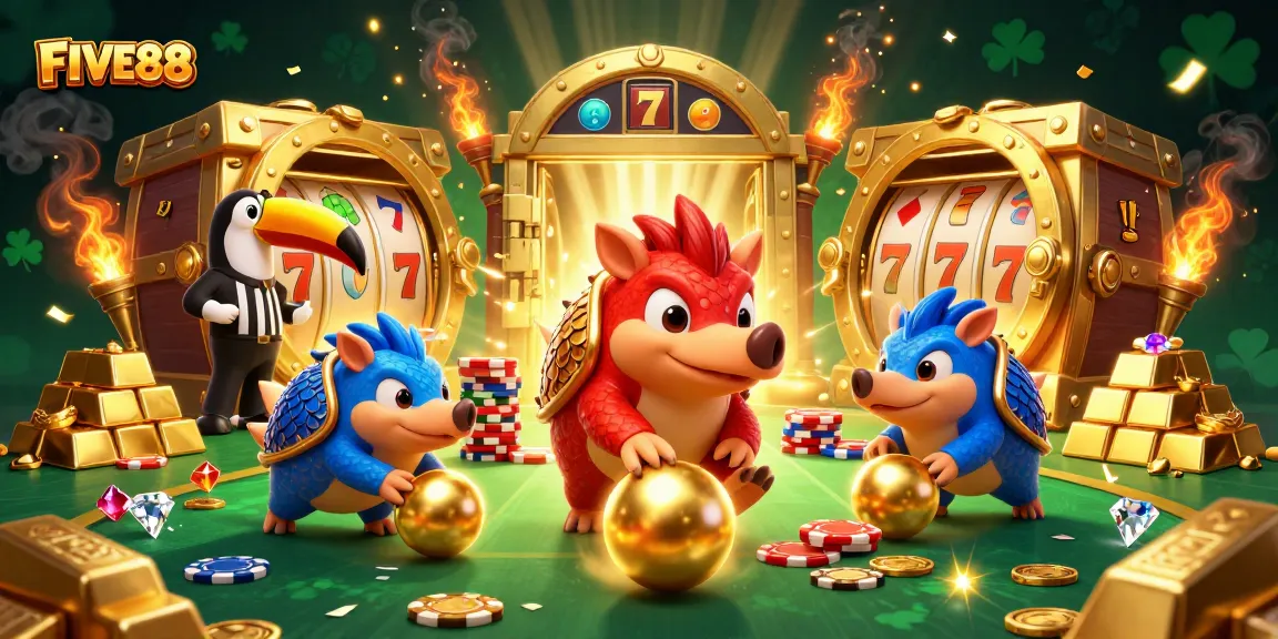 FIVE88 pangolins bowling through poker chips in a vibrant casino-themed 3D illustration