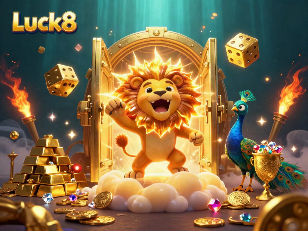 Cocktail of luck with golden dice and a roaring lion at Luck8, brimming with treasures and gems.