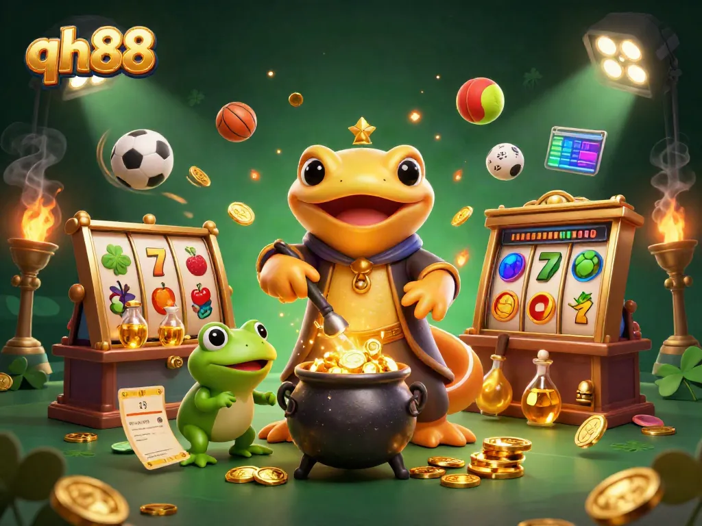 Experience the vibrant gaming world of qh88 with rich illustrations of dynamic slots, alchemists, and gold.