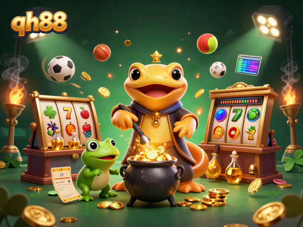 Experience the vibrant gaming world of qh88 with rich illustrations of dynamic slots, alchemists, and gold.