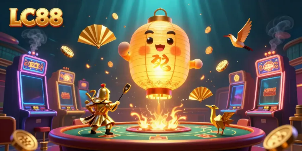 Experience the excitement of LC88 casino gaming with vibrant characters and sparkling slot machines.