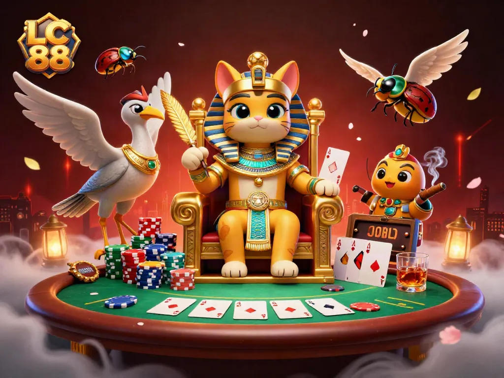 Win big at LC 88 with a vibrant casino scene featuring poker elements and a royal pharaoh.