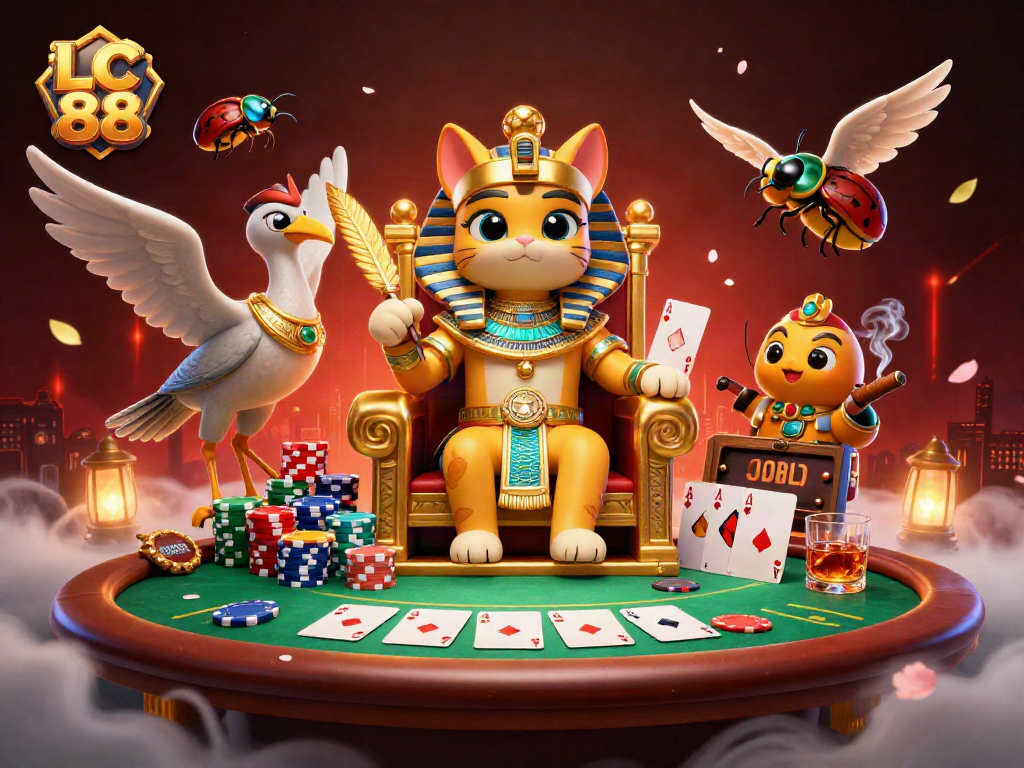 Win big at LC 88 with a vibrant casino scene featuring poker elements and a royal pharaoh.