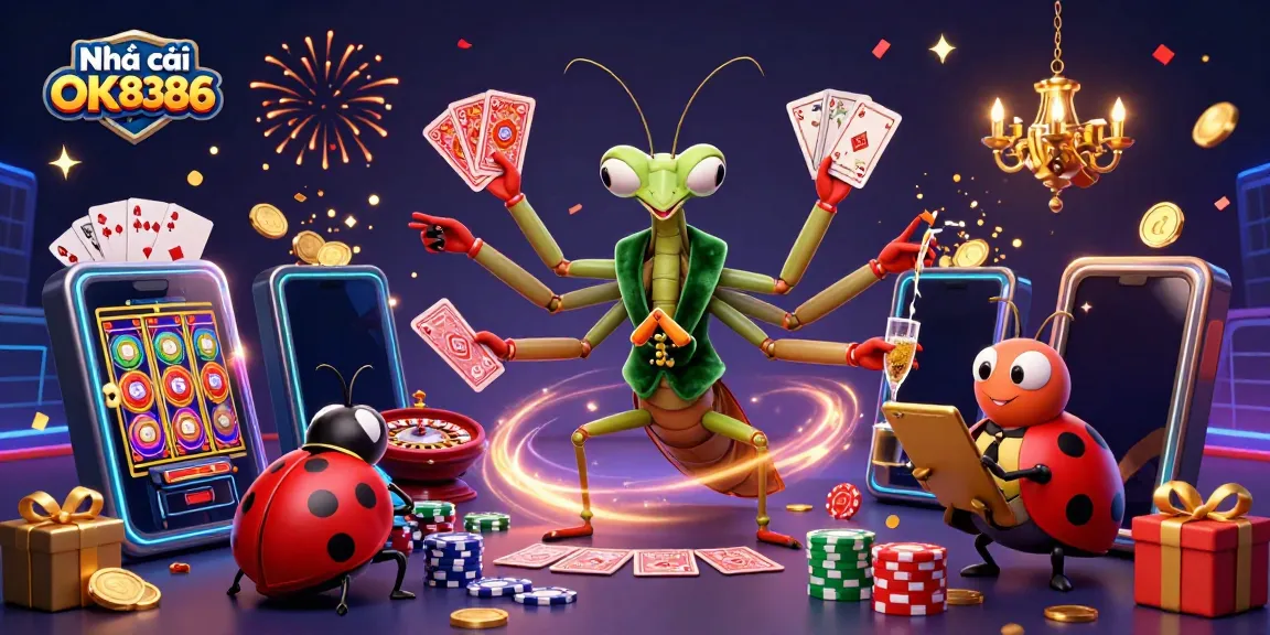 Experience the thrill at Nhà cái OK8386 with a giant card sharp and a ladybug pit boss in an exciting casino scene.