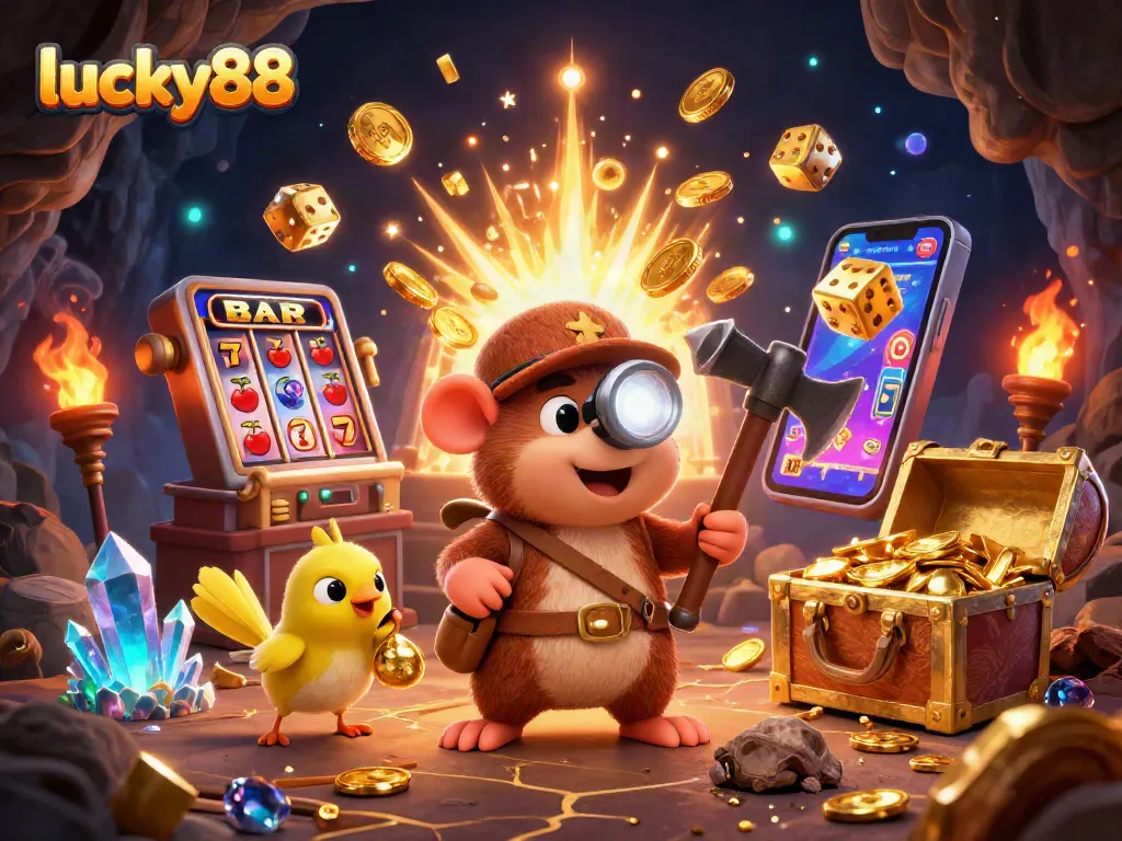 Experience the thrill of lucky88 with the treasure hunter in a vibrant casino scene filled with jackpots and glowing riches.