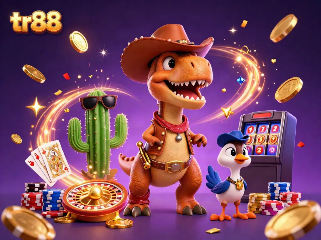 Experience thrilling action with tr88 featuring a T-Rex, cactus, and roadrunner in a vibrant casino scene.