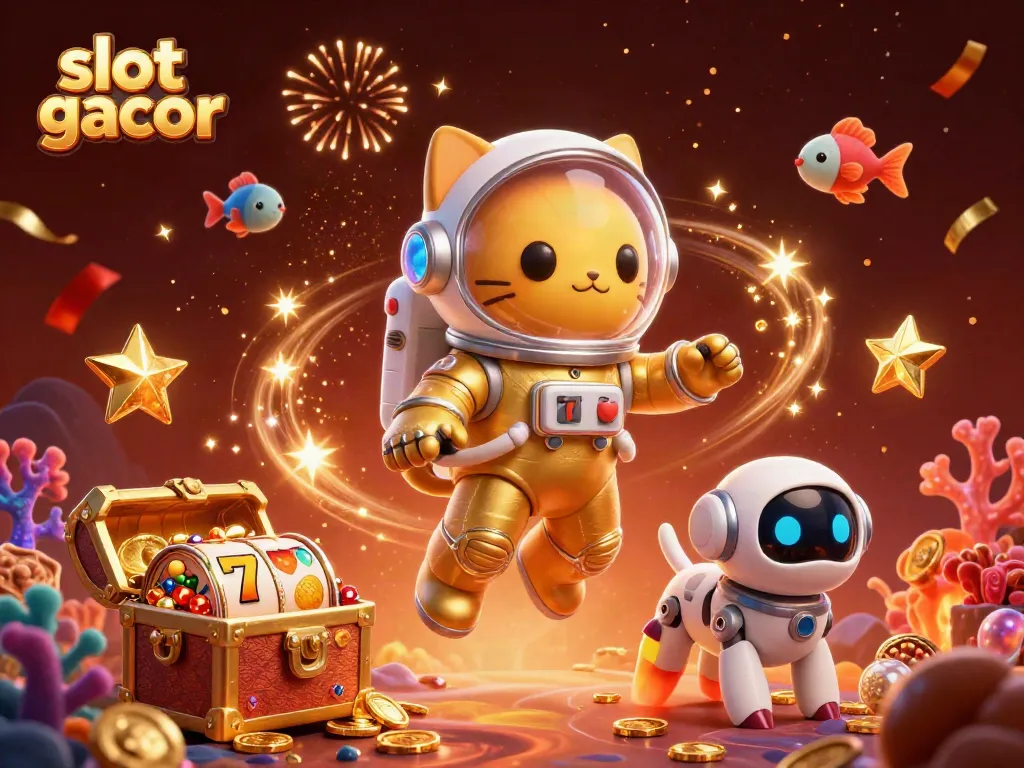 Experience thrilling slot gacor action with a playful cat and dog in a cosmic scene.