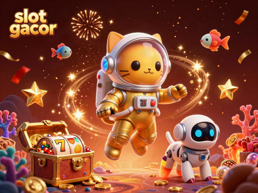 Experience thrilling slot gacor action with a playful cat and dog in a cosmic scene.